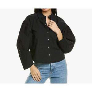 Tanya Taylor‎ Black Cotton Eyelet Sleeve Button Down Shirt Blouse